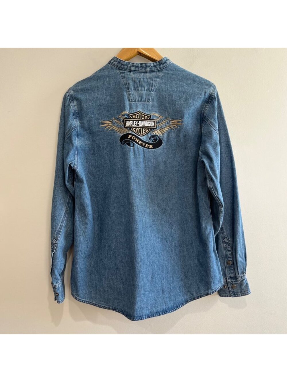 VTG Harley Davidson Forever Denim Button Up Shirt Womens L Blue Jean Embroidered